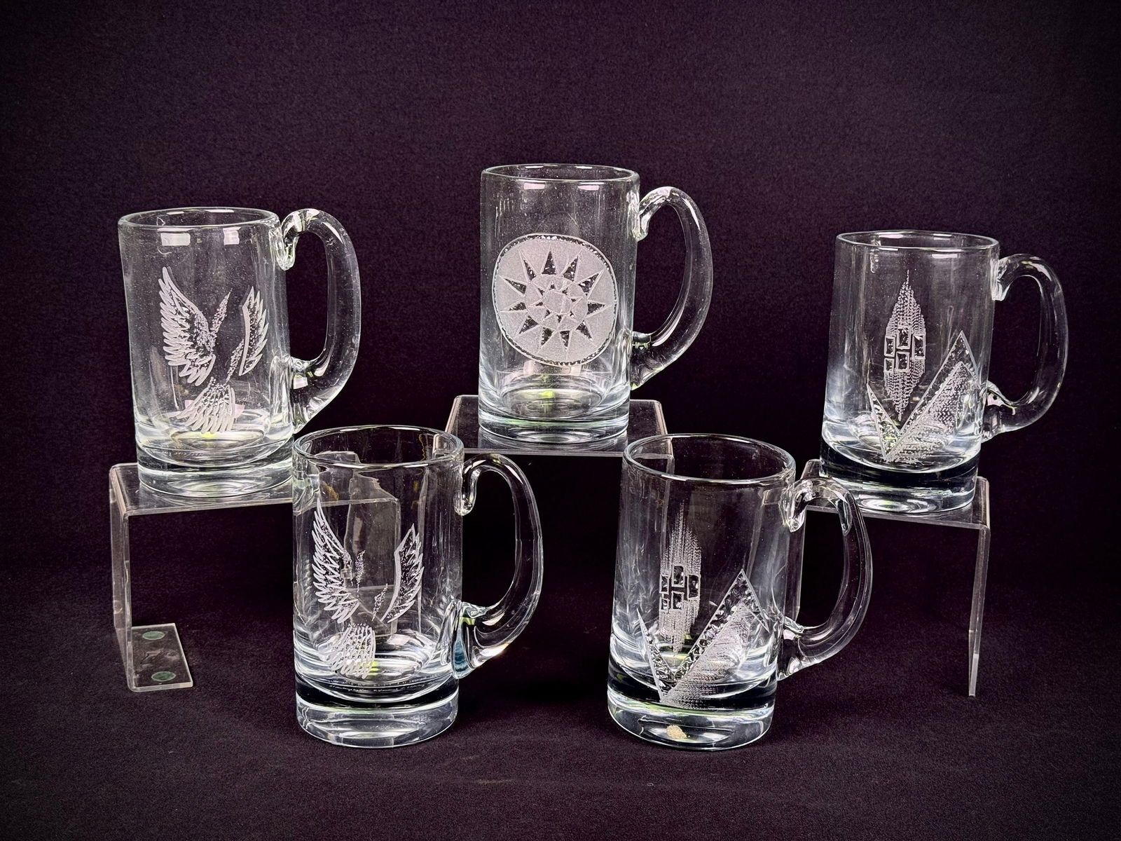 Five Strombergshyttan Etched Clear Glass Mugs, Swedish, Late 1960s-Early 1970s (1 of 15)