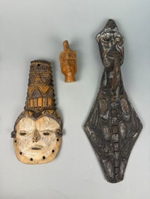 A Group of Three Sepik River Ethnographic Objects, including an Ancestral Mask and a Hook Figure