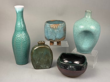 A Collection of Modern Ceramic Studio Pottery in Teal, Aqua, and Green-Brown Tones