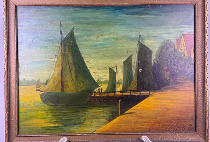 Framed Naive Style Maritime Scene Oil on Canvas