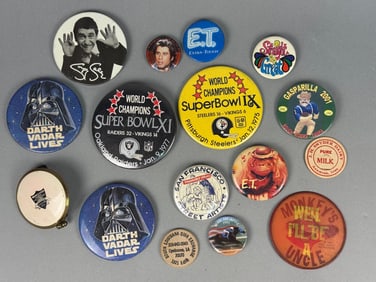A Collection of Vintage and Commemorative Pin-Back Buttons NFL Star Wars