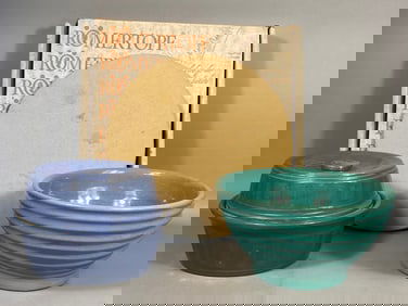 Monmouth Western Stoneware Periwinkle Blue Casserole, a Turquoise Ceramic Bowl, and a R?mertopf