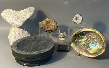 A Collection of Natural Geological Specimens and Decorative Items, including an Abalone Shell Smudge