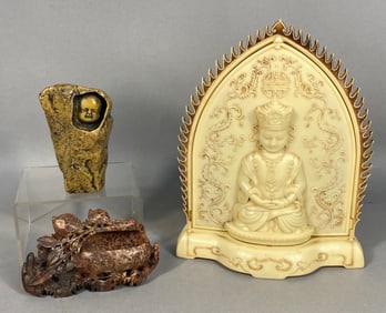 Three East Asian Decorative Items, including a Buddha Shrine and Two Stone Carvings