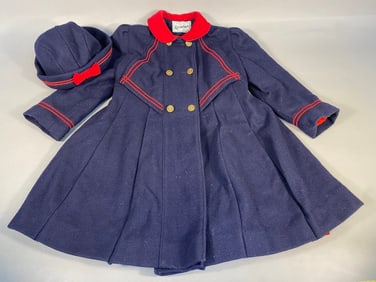 Vintage Rothschild Girls' Navy Blue Wool Blend Coat and Hat Set, Size 6X