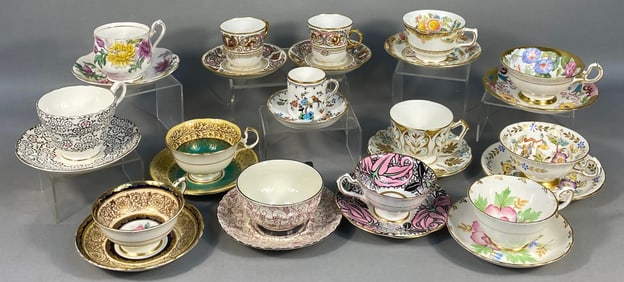 A Collection of Fourteen Antique and Vintage Teacup and Saucer Sets, Predominantly English Bone