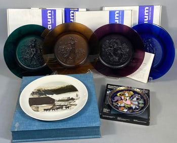 A Collection of Decorative Plates, including Daum Raymond Corbin 'Les 4 Saisons' P?te de Verre,