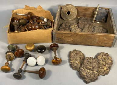 A Collection of Antique Architectural Hardware, including Door Knobs, Escutcheons, and a Mortise