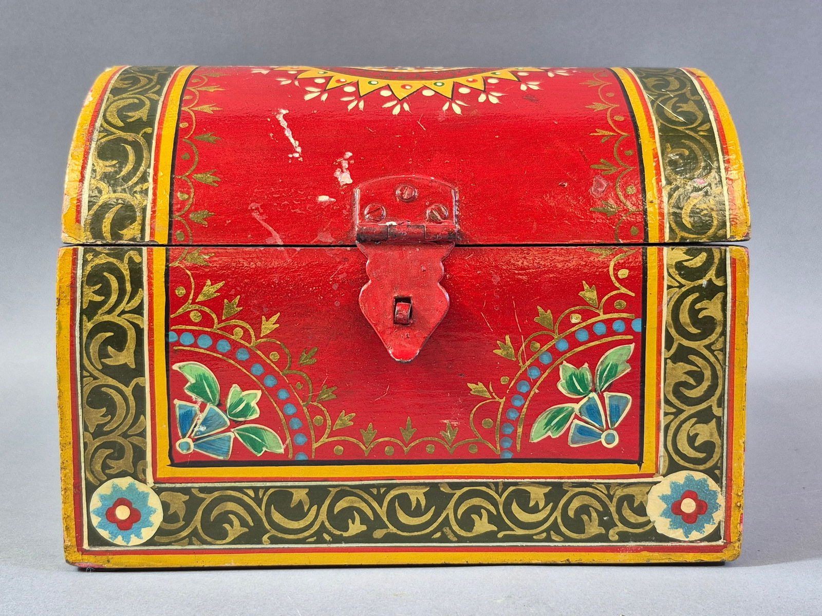 A Hand-Painted Wooden Domed-Lid Trinket Box, Folk Art Style (1 of 9)