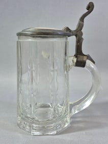 Late 19th/Early 20th Century German Hand-Painted Porcelain, Glass, and Pewter Lidded Beer Stein