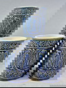 Three Robinson Ransbottom Roseville Pottery 'Lady with Lyre' Blue Stoneware Tumblers