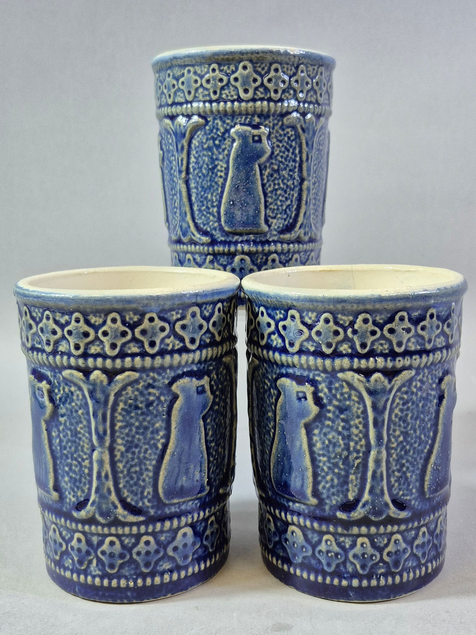 Three Robinson Ransbottom Roseville Pottery 'Lady with Lyre' Blue Stoneware Tumblers (1 of 4)