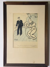 Mid-20th Century Cartoon Illustration by Murdock Stimpson, Naval Scene