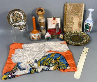 A Collection of East Asian Decorative Arts, including a Japanese Kabuki Kagami Jishi Rayon Furoshiki