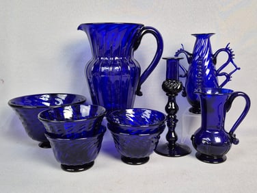 A Collection of Eight Mid-Century Czech Cobalt Glass Items