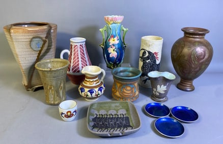 A Collection of Studio Pottery and Decorative Ceramics, with Three Enameled Dishes