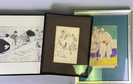Three Framed Humorous Illustrations and Prints