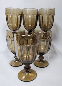 A Set of Six Federal Glass Heat Proof Smoky Brown Ribbed Goblets