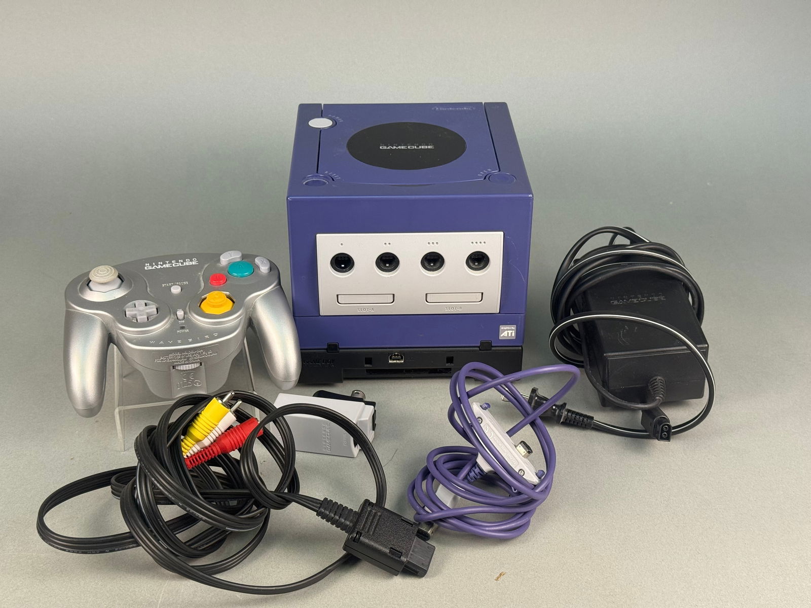 Nintendo GameCube DOL-001 Indigo Console with WaveBird Controller and Game Boy Player (1 of 7)
