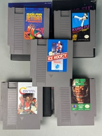A Lot of Five Nintendo NES Video Game Cartridges, including 'Solar Jetman', 'Kung Fu', 'Ice Hockey',