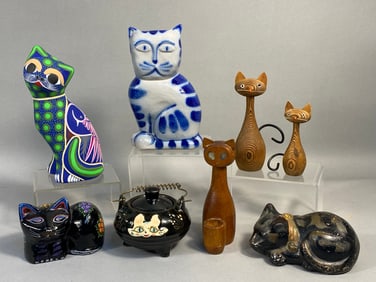 A Collection of Mexican Folk Art Alebrije Cat Figures and Other Decorative Cats