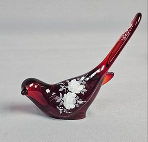 Fenton Ruby Red 'Bird of Happiness' Hand Painted Glass Figurine, Signed C. Shaffer