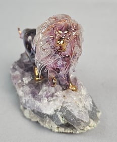 A Modern Crystal Art Glass Lion Figurine on Amethyst Geode Base