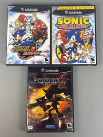 Three Nintendo GameCube Video Games: Sonic Adventure 2 Battle, Sonic Mega Collection, and Shadow the