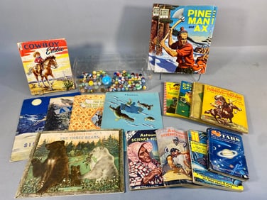 A Collection of Mid-20th Century Children's Books, Science Fiction Magazines, and Marbles, including