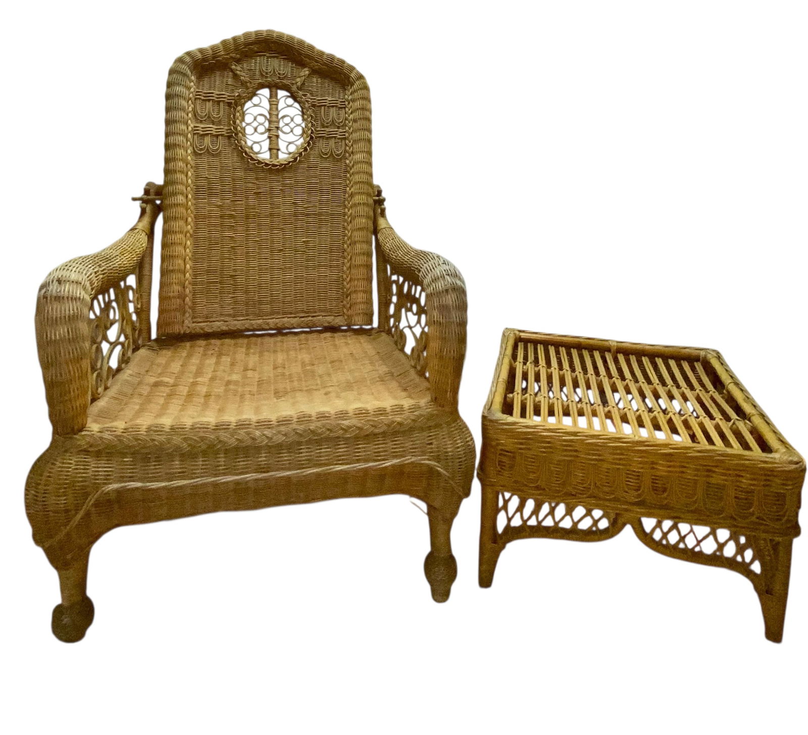 Mid-20th Century Wicker and Rattan Reclining Armchair and matching ottoman. (1 of 19)