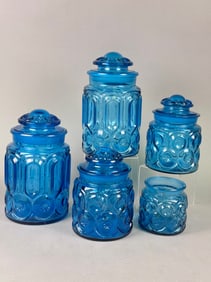 L.E. Smith Moon and Stars Blue Pressed Glass Canisters