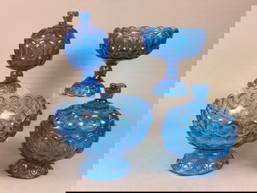 A Collection of Four LE Smith Colonial Blue Moon & Stars Pressed Glass Compotes