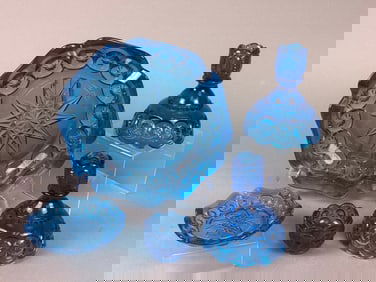 A Collection of L.G. Wright / L.E. Smith Blue 'Moon and Stars' Pattern Pressed Glass