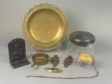 A Collection of Nine Brass and Bronze Decorative and Utilitarian Items