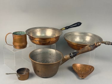 A Group of Six Antique Copper Kitchenware Items, including Sternau & Co. and F. Morse