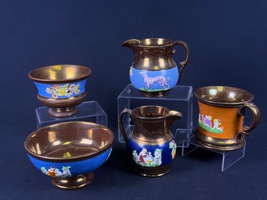 A Collection of Staffordshire English Copper Lustreware Vessels