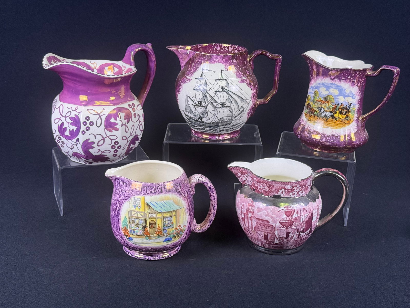A Group of English Lusterware Pitchers, including Gray's Pottery 'Sailing Ship' and 'Dickens Days' (1 of 14)