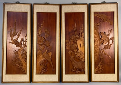 A Set of Four Han Palace Art Co., Ltd. Taiwanese Carved Wood Panels, Four Seasons Motif