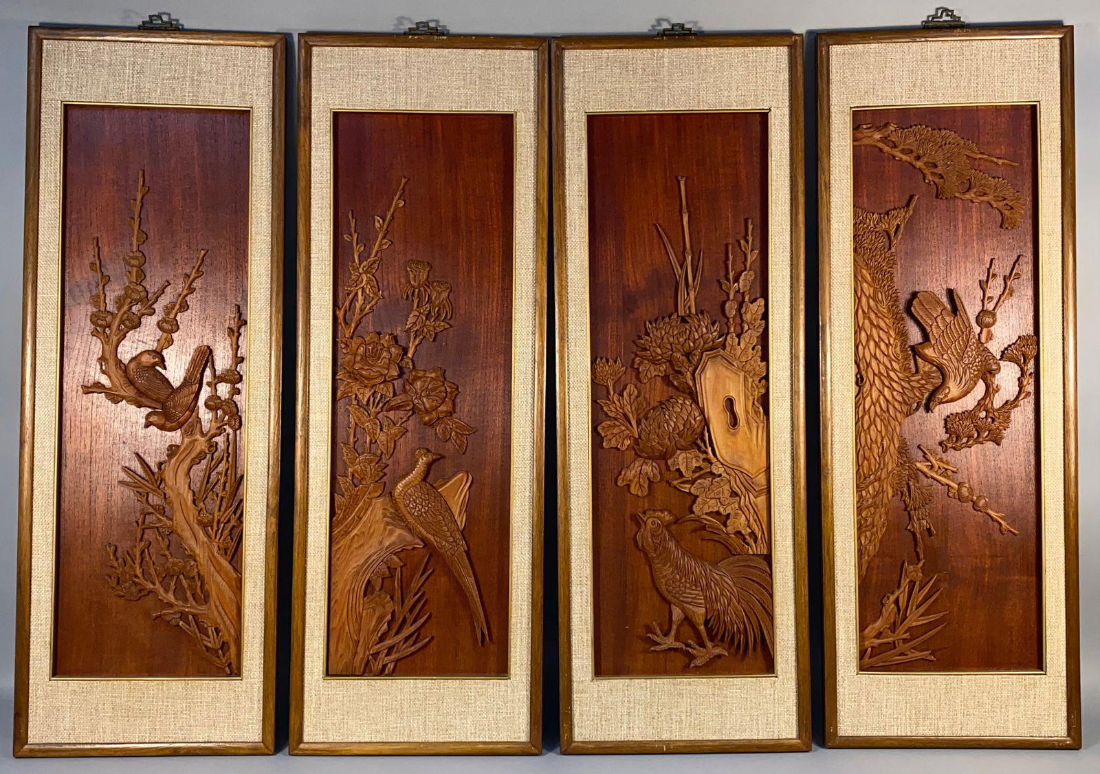A Set of Four Han Palace Art Co., Ltd. Taiwanese Carved Wood Panels, Four Seasons Motif (1 of 9)
