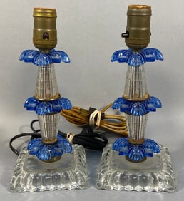 A Pair of Vintage Cobalt Blue and Clear Pressed Glass Table Lamps, Hollywood Regency Style