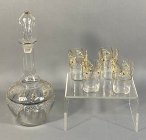 A Vintage Bohemian Hand-Blown Enameled and Gilt Clear Glass Five-Piece Decanter Set