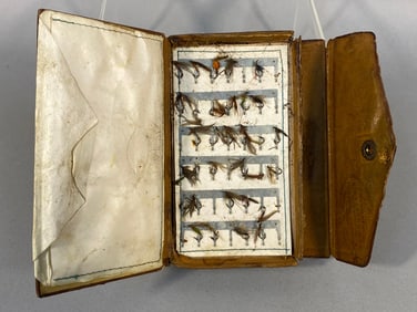 Antique T. Wil___ Practical Fly Dresser Kingsland, Herefordshire Leather Fly Fishing Wallet with