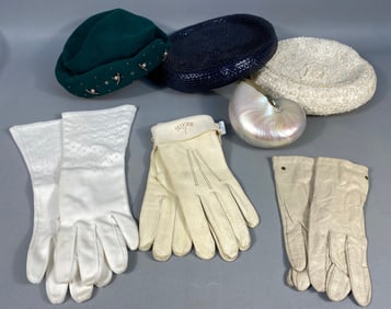 A Collection of Vintage Women's Accessories, including Three Hats, Three Pairs of Gloves, and a