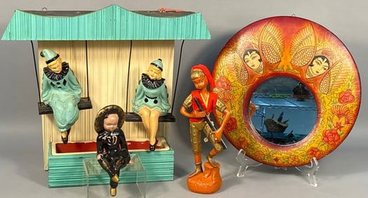 A Group of Decorative Items, including a Dexter Mfg Co. Wall Planter and a Hand-Decorated Mirror