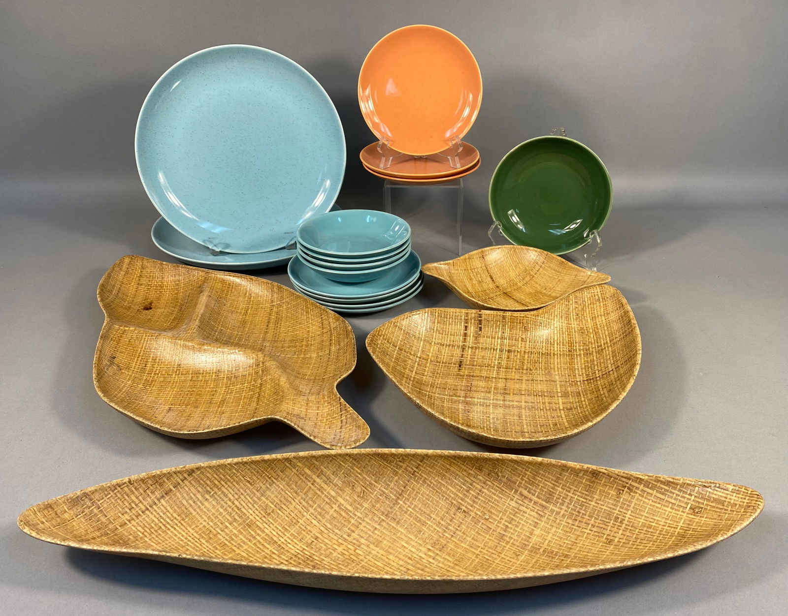 A Collection of Mid-20th Century American Ceramic Dinnerware and Grainware 'Abaca' Molded Fibre: A collection of mid-20th century American serving and dinnerware, comprising two distinct material groups. The ceramic items include pieces marked "CALIFORNIA MODERN Santa Anita Ware MADE IN CALI