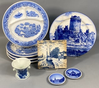 A Royal Doulton 'Pembroke Castle' Flow Blue Plate, a Set of Four Willow Pattern Plates, and a