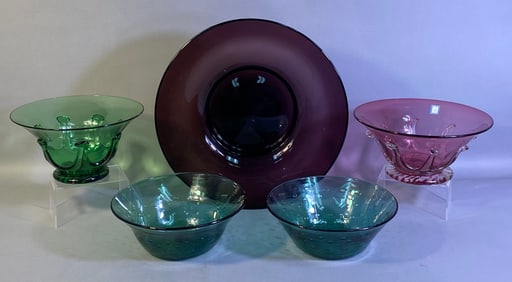 A Collection of Five Colored Glass Bowls, including an Amethyst Purple Charger and Two Henry Ford
