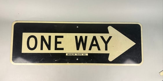 Vintage 'One Way' Traffic Regulation Enameled Metal Sign from Brookline