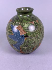 Costa Rican Etched Pottery Vase with Hummingbirds