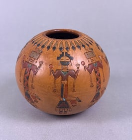 Irene White Dineh Navajo Yei Pine Pitched Pottery Vessel